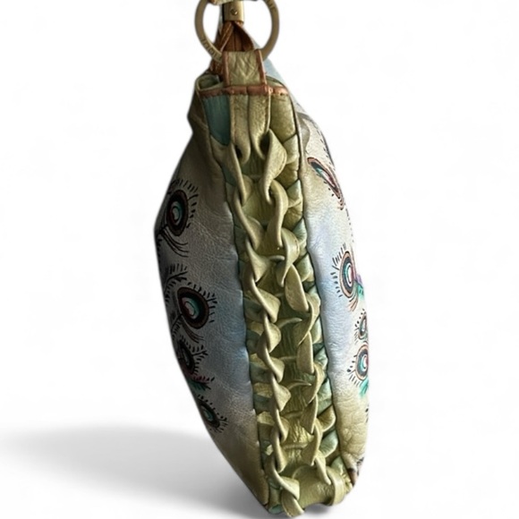 Magnifique Hand Painted Peacock Leather Crossbody Bag with Side Braid Accent - Picture 5 of 13